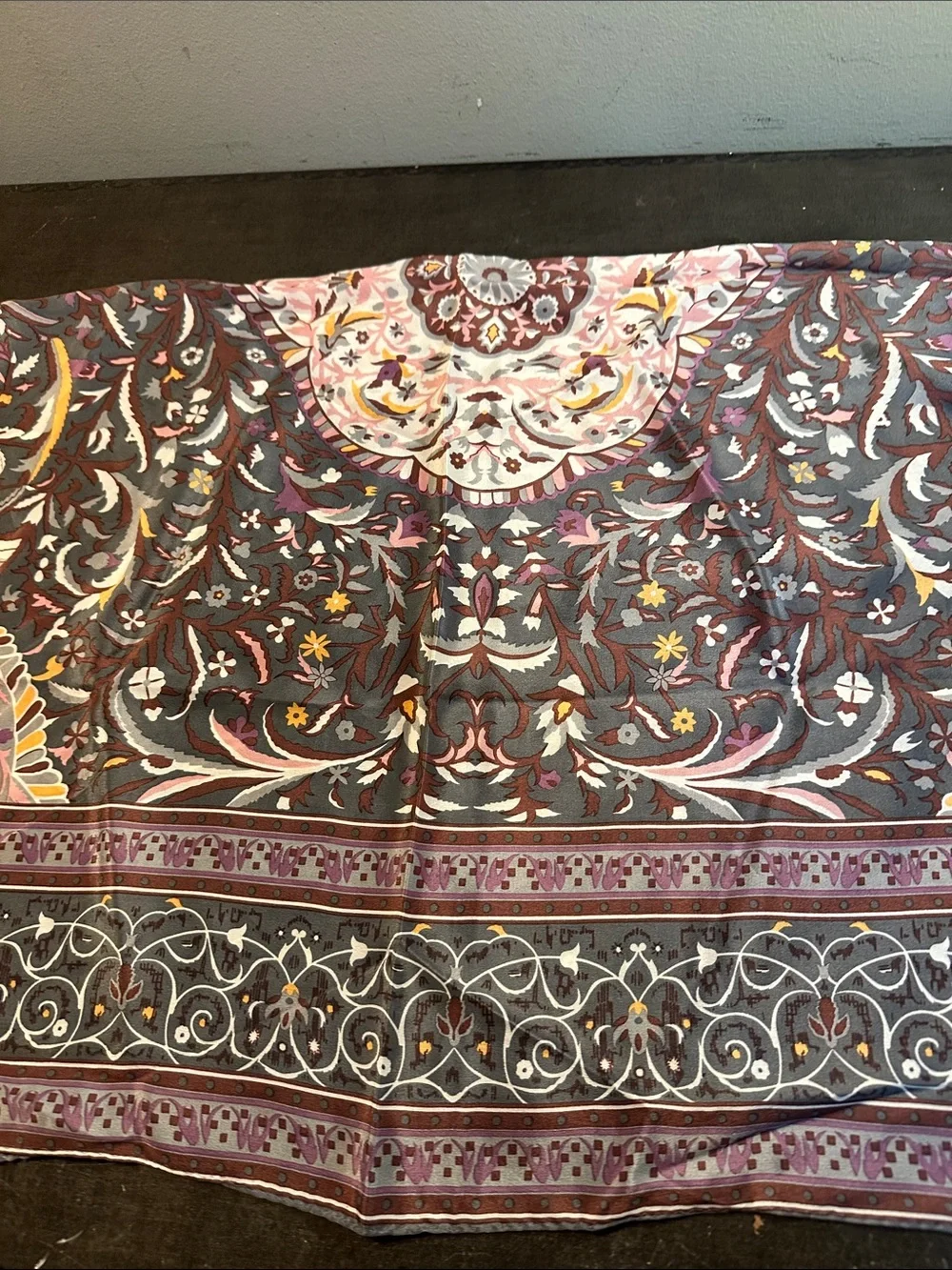 ELLEN TRACY Floral Medallion Square 100% Silk Scarf in Mauve and gray